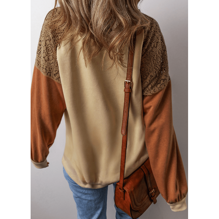 Stacie Khaki Lace Patchwork Colorblock Drop Shoulder Sweatshirt