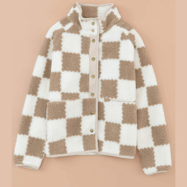 Marci Brown Checked Snap Button Sherpa Jacket