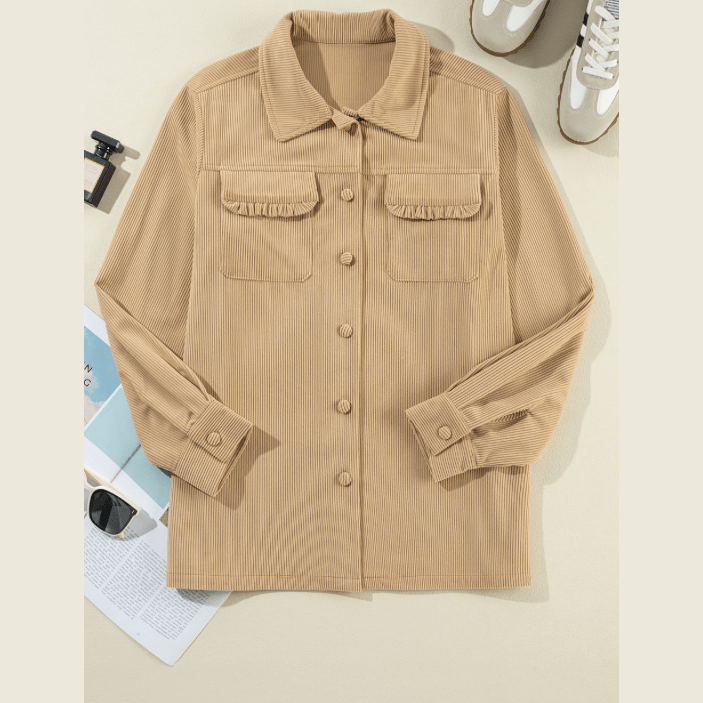 Claribel Light French Beige Solid Frilled Flap Pocket Button Up Corduroy Shacket