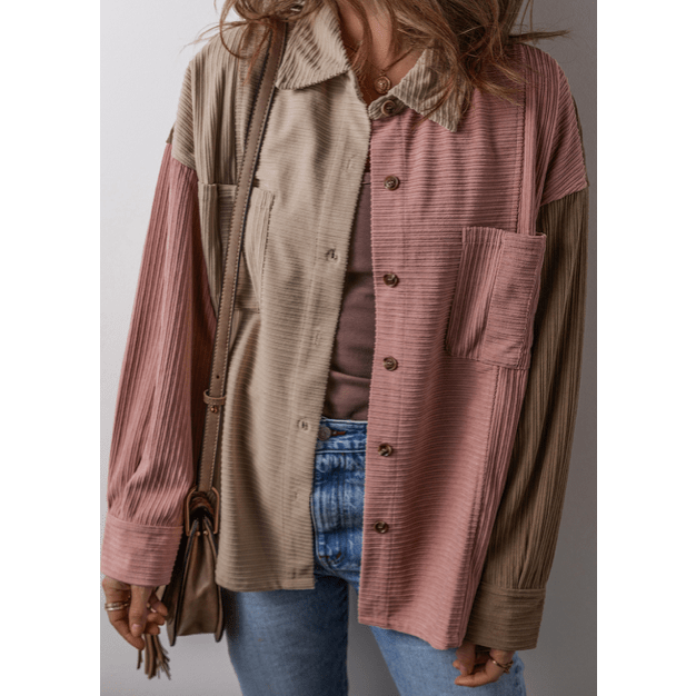 Maudette Pink Color Block Chest Pockets Buttoned Corduroy Shacket