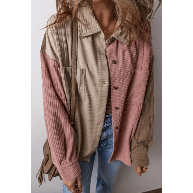 Maudette Pink Color Block Chest Pockets Buttoned Corduroy Shacket