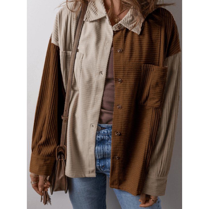 Maudette Brown Color Block Chest Pockets Buttoned Corduroy Shacket