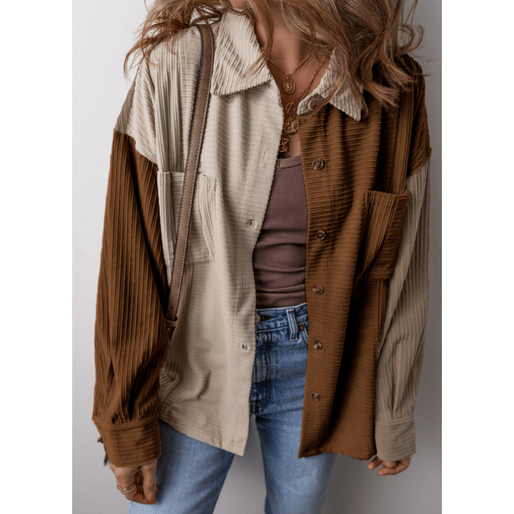 Maudette Brown Color Block Chest Pockets Buttoned Corduroy Shacket