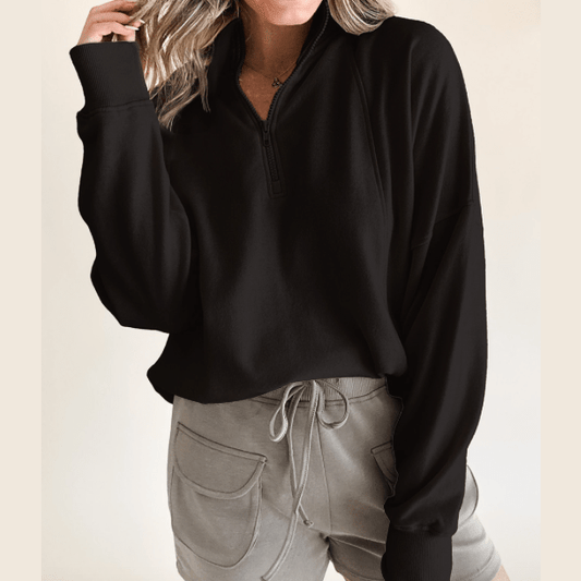 Tatum Black Zipped Neck Pullover Drop Shoulder Sweatshirt