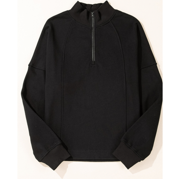 Tatum Black Zipped Neck Pullover Drop Shoulder Sweatshirt