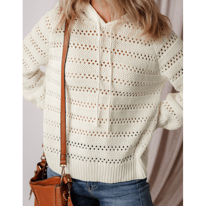 Roshelle White Pointelle Knit Raglan Sleeve Hooded Sweater