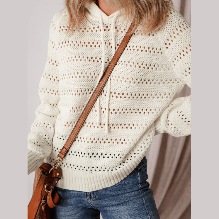 Roshelle White Pointelle Knit Raglan Sleeve Hooded Sweater