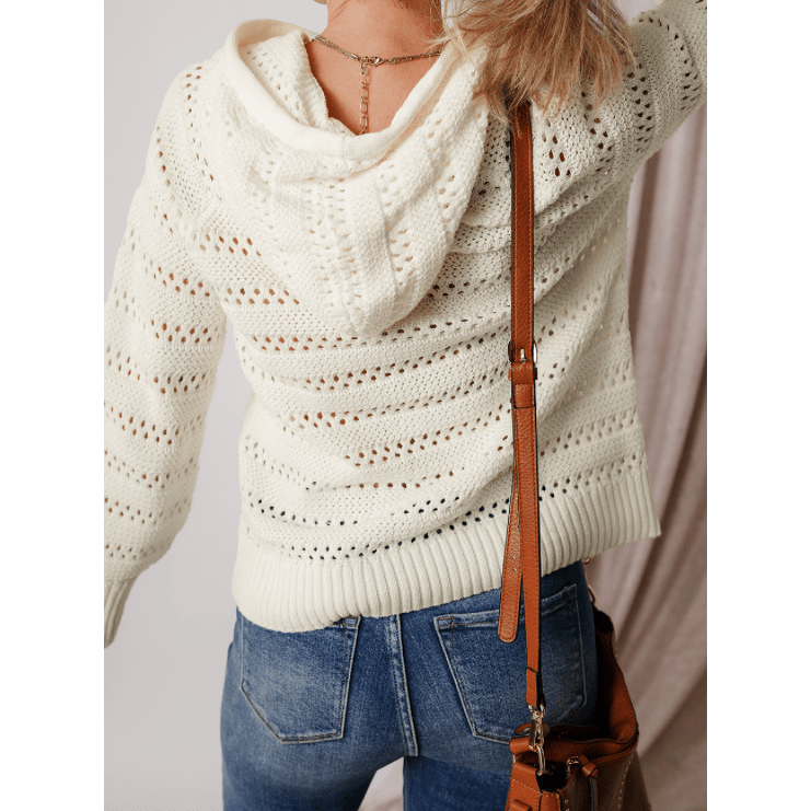 Roshelle White Pointelle Knit Raglan Sleeve Hooded Sweater