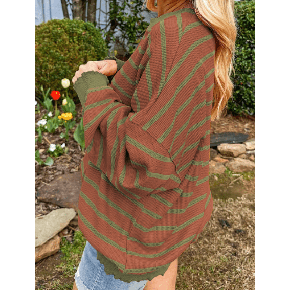 Tera Brown Stripe Trimmed Round Neck Drop Shoulder Loose Sweater