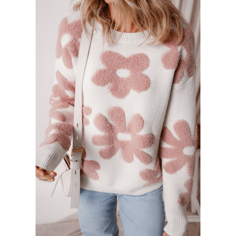 Genna White Textured Flower Drop Shoulder Loose Sweater