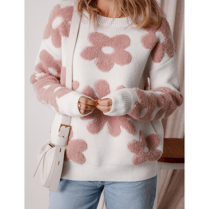 Genna White Textured Flower Drop Shoulder Loose Sweater