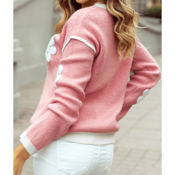 Tyanna Pink Flower V Neck Dropped Shoulder Sweater