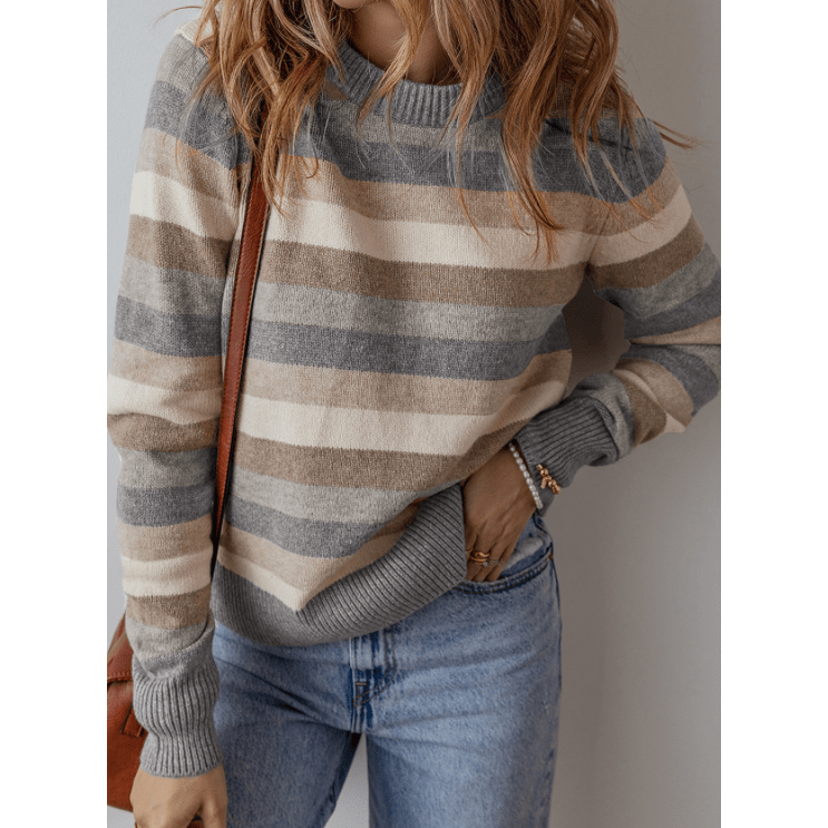 Melany Grey Stripe Color Block Ribbed Edge Round Neck Sweater