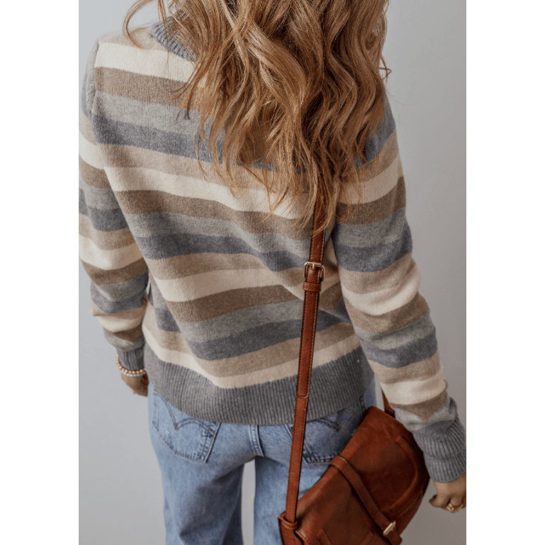 Melany Grey Stripe Color Block Ribbed Edge Round Neck Sweater