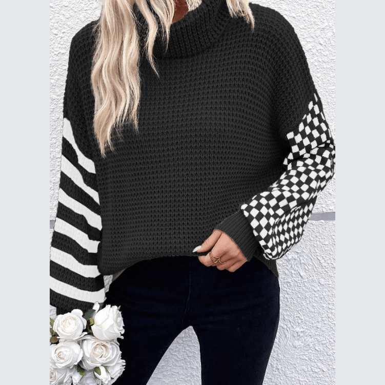 Hensley Black Striped Plaid Patchwork Waffle Knit Turtleneck Sweater