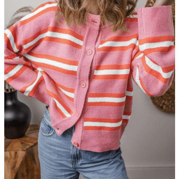 Kelcee Pink Stripe Drop Shoulder Buttons Cardigan Sweater