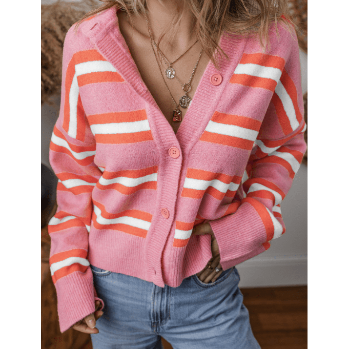 Kelcee Pink Stripe Drop Shoulder Buttons Cardigan Sweater