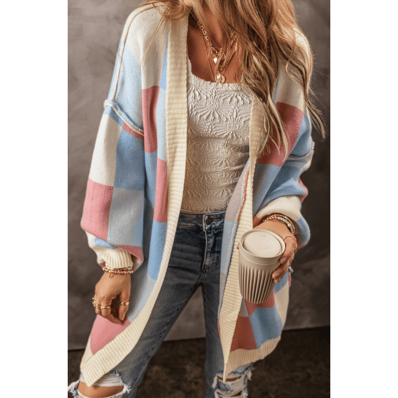 Jerrica Light Blue Checkered Drop Shoulder Exposed Seam Open Front Cardigan