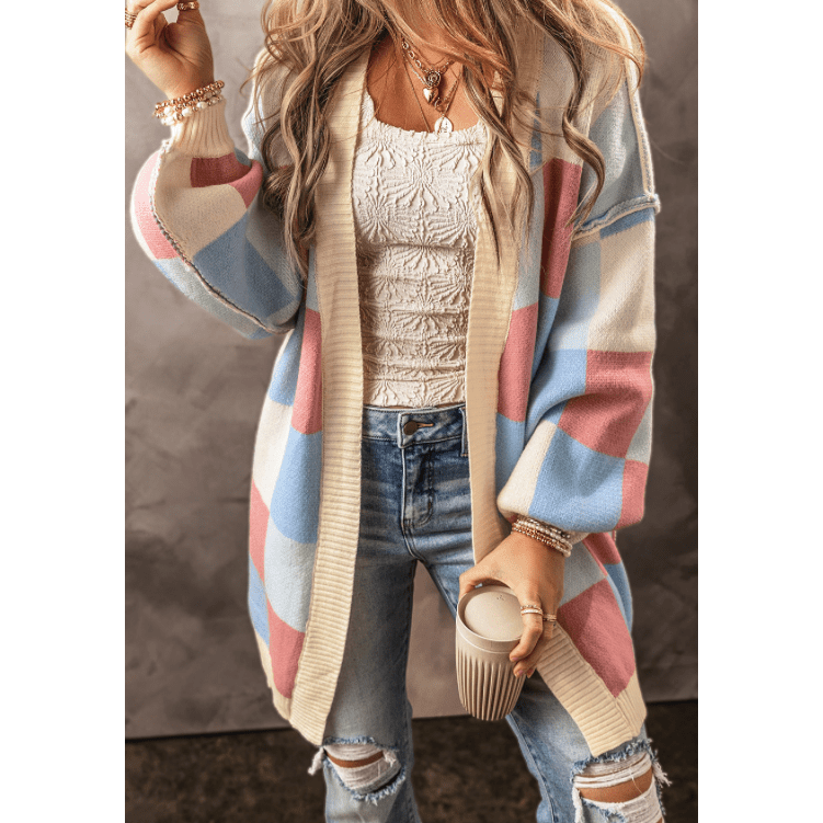 Jerrica Light Blue Checkered Drop Shoulder Exposed Seam Open Front Cardigan