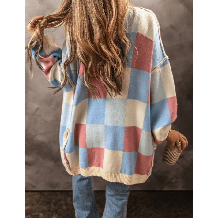 Jerrica Light Blue Checkered Drop Shoulder Exposed Seam Open Front Cardigan