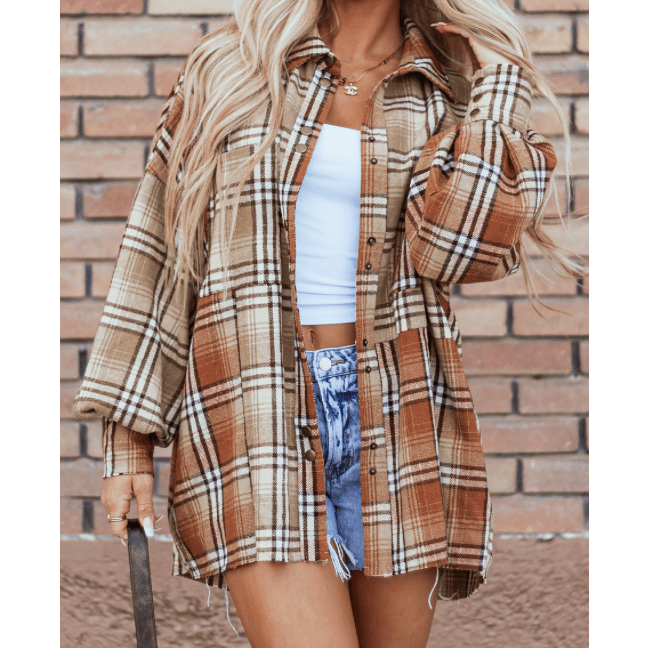 Peighton Khaki Plaid Colorblock Patchwork High Low Shacket