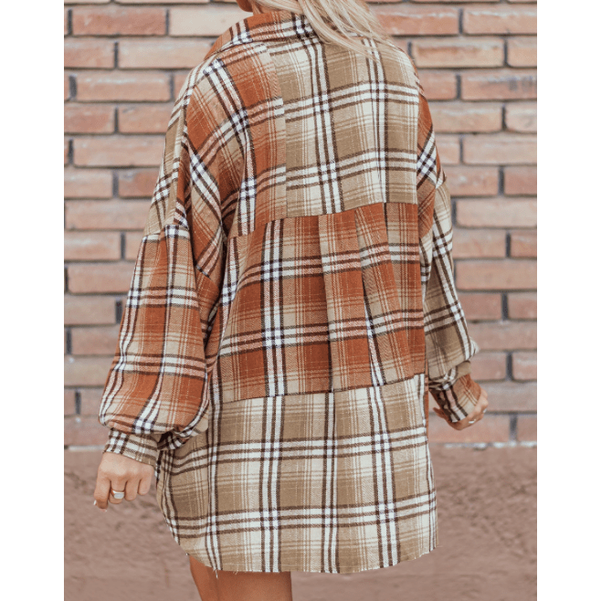 Peighton Khaki Plaid Colorblock Patchwork High Low Shacket