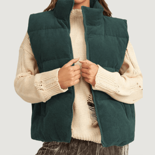 Syd Jungle Green Corduroy Stand Neck Zipped Puffer Vest