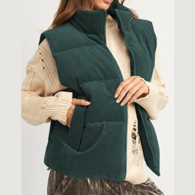 Syd Jungle Green Corduroy Stand Neck Zipped Puffer Vest