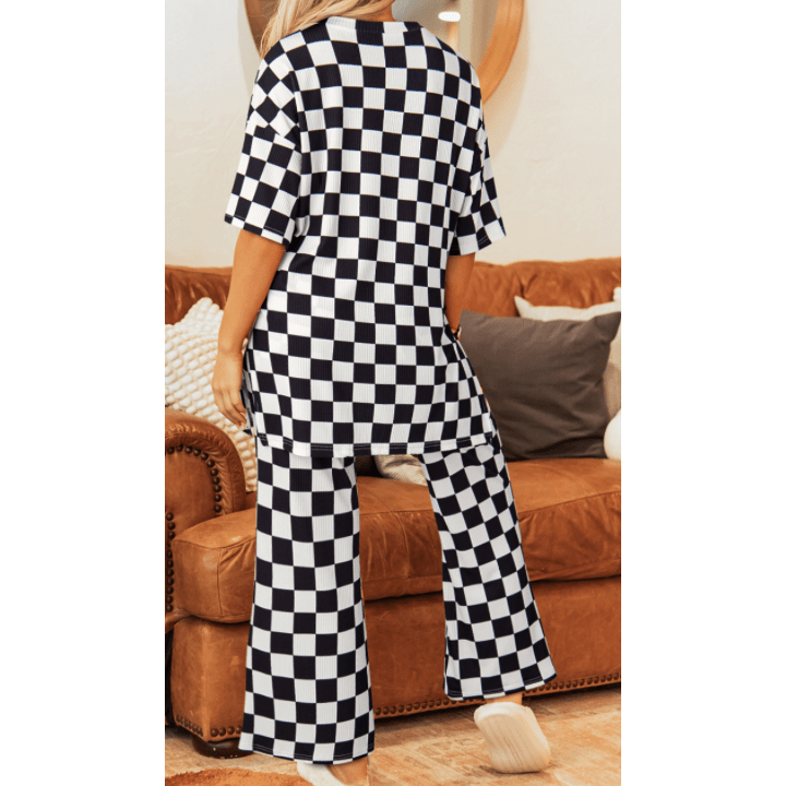 Taryn Black Checkered Print Half Sleeve Tunic Top and Flared Pants Set