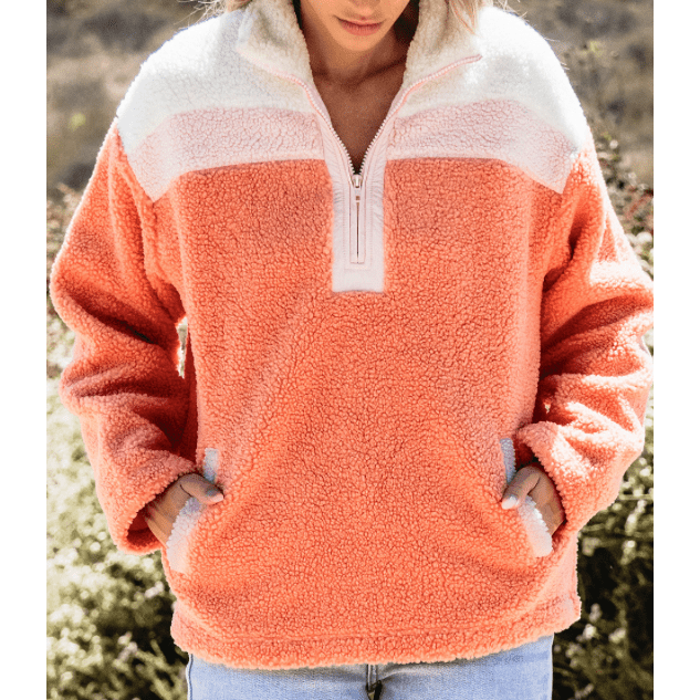 Diandra Orange Colorblock Half Zipper Stand Neck Sherpa Sweatshirt