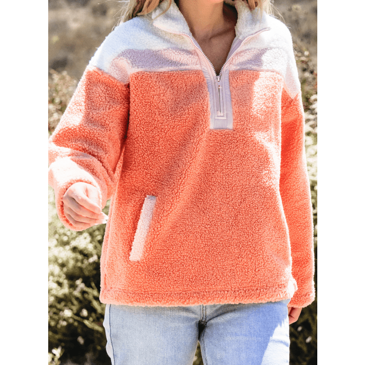 Diandra Orange Colorblock Half Zipper Stand Neck Sherpa Sweatshirt