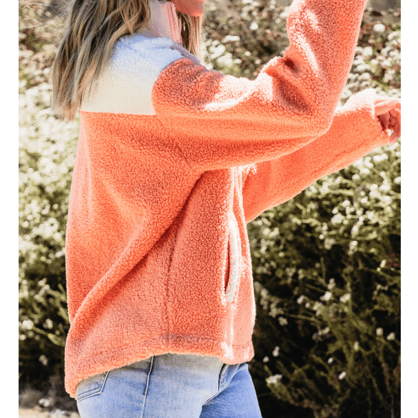 Diandra Orange Colorblock Half Zipper Stand Neck Sherpa Sweatshirt