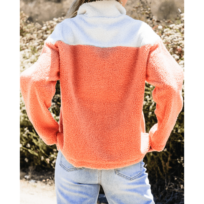 Diandra Orange Colorblock Half Zipper Stand Neck Sherpa Sweatshirt