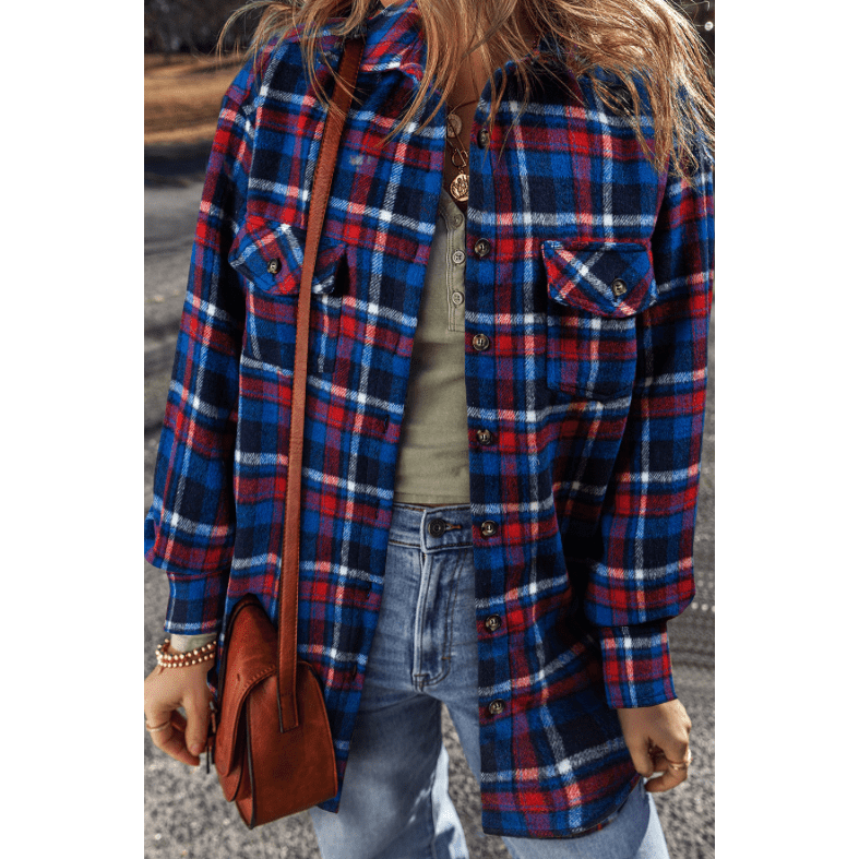 Lorinda Navy Blue Plaid Flap Pocket Button Up Shacket