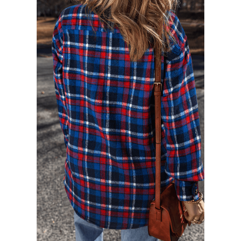 Lorinda Navy Blue Plaid Flap Pocket Button Up Shacket