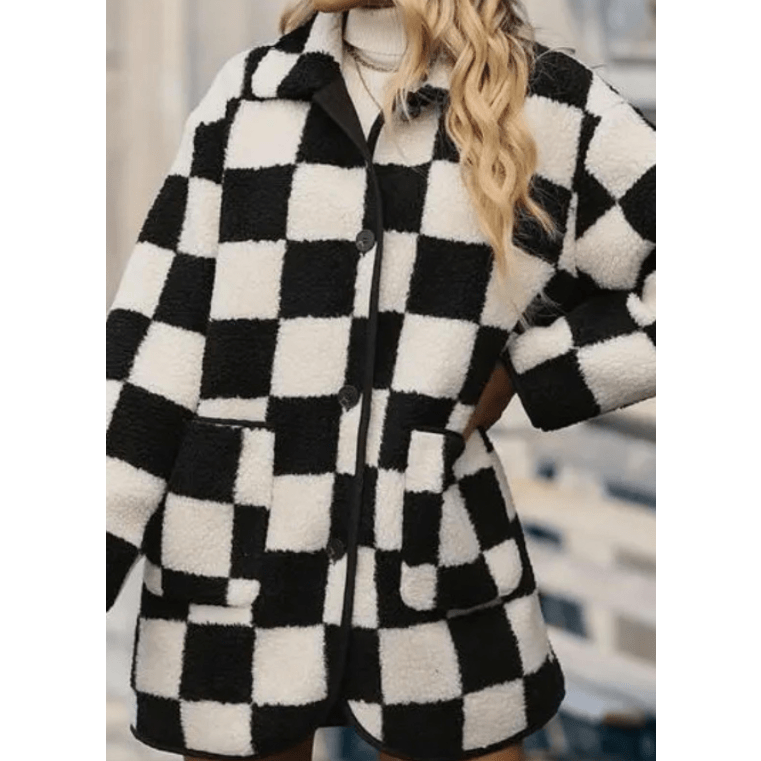 Ava Rose Black Checkered Side Pockets Collared Buttoned Fleece Jacket