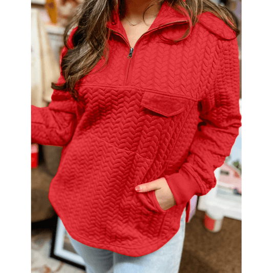 Polly Tomato Red Cable Textured Quarter Zip Pocketed PLUS SIZE Pullover