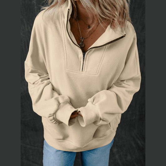 Brexa Beige Zip-up Stand Neck Kangaroo Pocket Sweatshirt