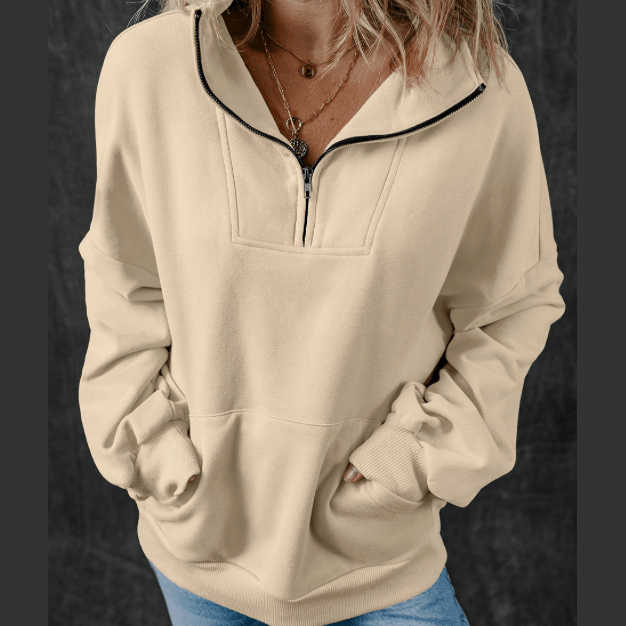 Brexa Beige Zip-up Stand Neck Kangaroo Pocket Sweatshirt