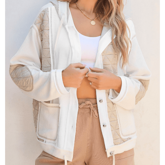 Audrie Beige Quilted Textured Patchwork Loose Fit Hooded Jacket