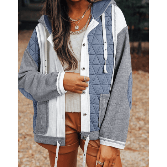 Audrie Blue Quilted Textured Patchwork Loose Fit Hooded Jacket