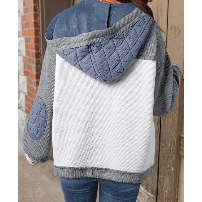 Audrie Blue Quilted Textured Patchwork Loose Fit Hooded Jacket