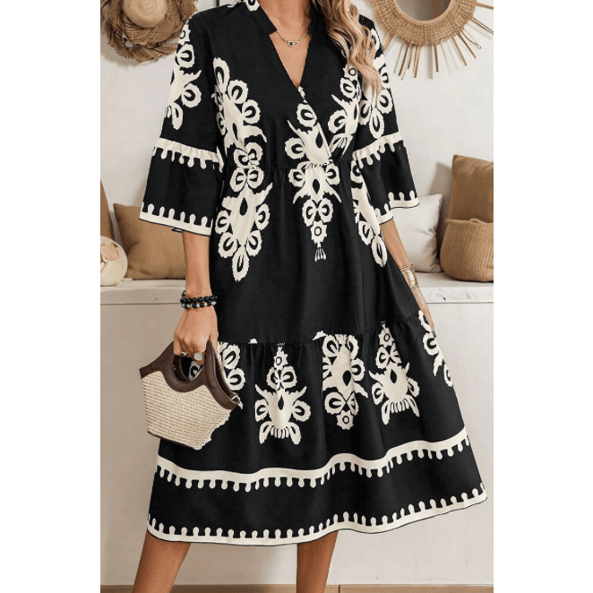 Kaden Black Western Geometric Print 3/4 Sleeve Loose Midi Dress