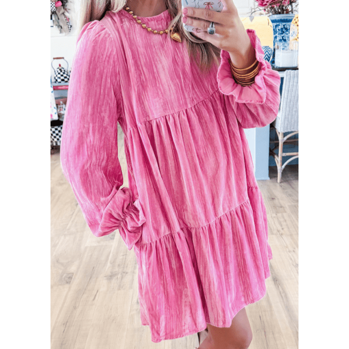 Maree Strawberry Pink Flounce Sleeve Tiered Ruffled Velvet Mini Dress