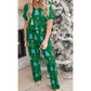 Green Christmas Tree Print V Neck Tee and Pants Lounge Set