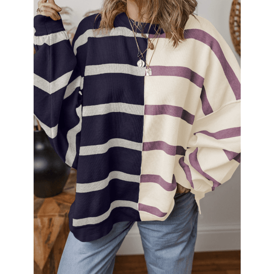 Shandi Blue Stripe Colorblock Oversized Sweater