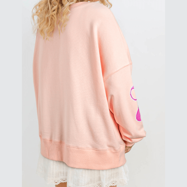 Thelma Apricot Pink Sequined Bowknot Drop Shoulder Oversized Sweatshirt