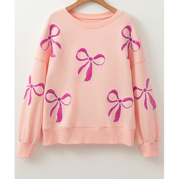 Thelma Apricot Pink Sequined Bowknot Drop Shoulder Oversized Sweatshirt