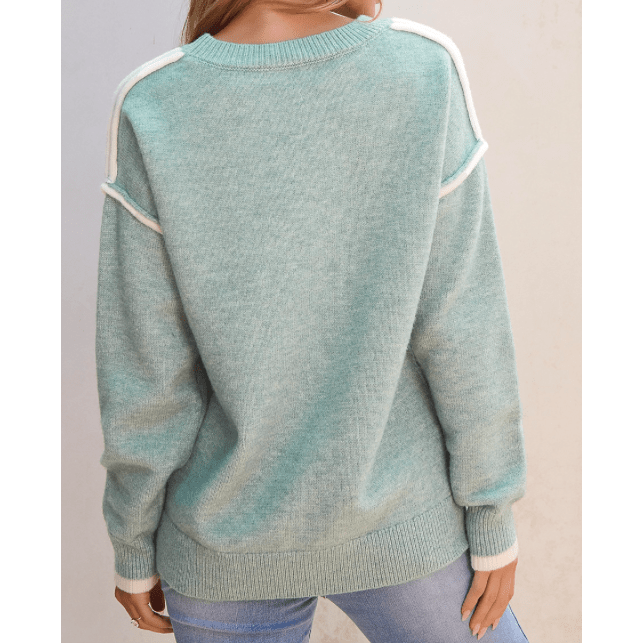 Ursula Moonlight Jade Colorblock Contrasting Edge Crewneck Sweater