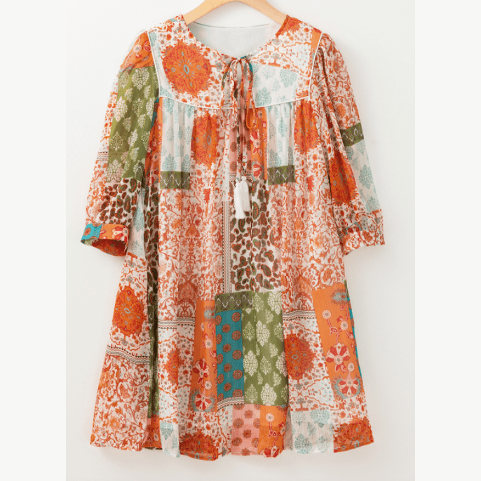 Katie Orange Boho Paisley Mixed Print 3/4 Sleeve Chiffon Loose Dress